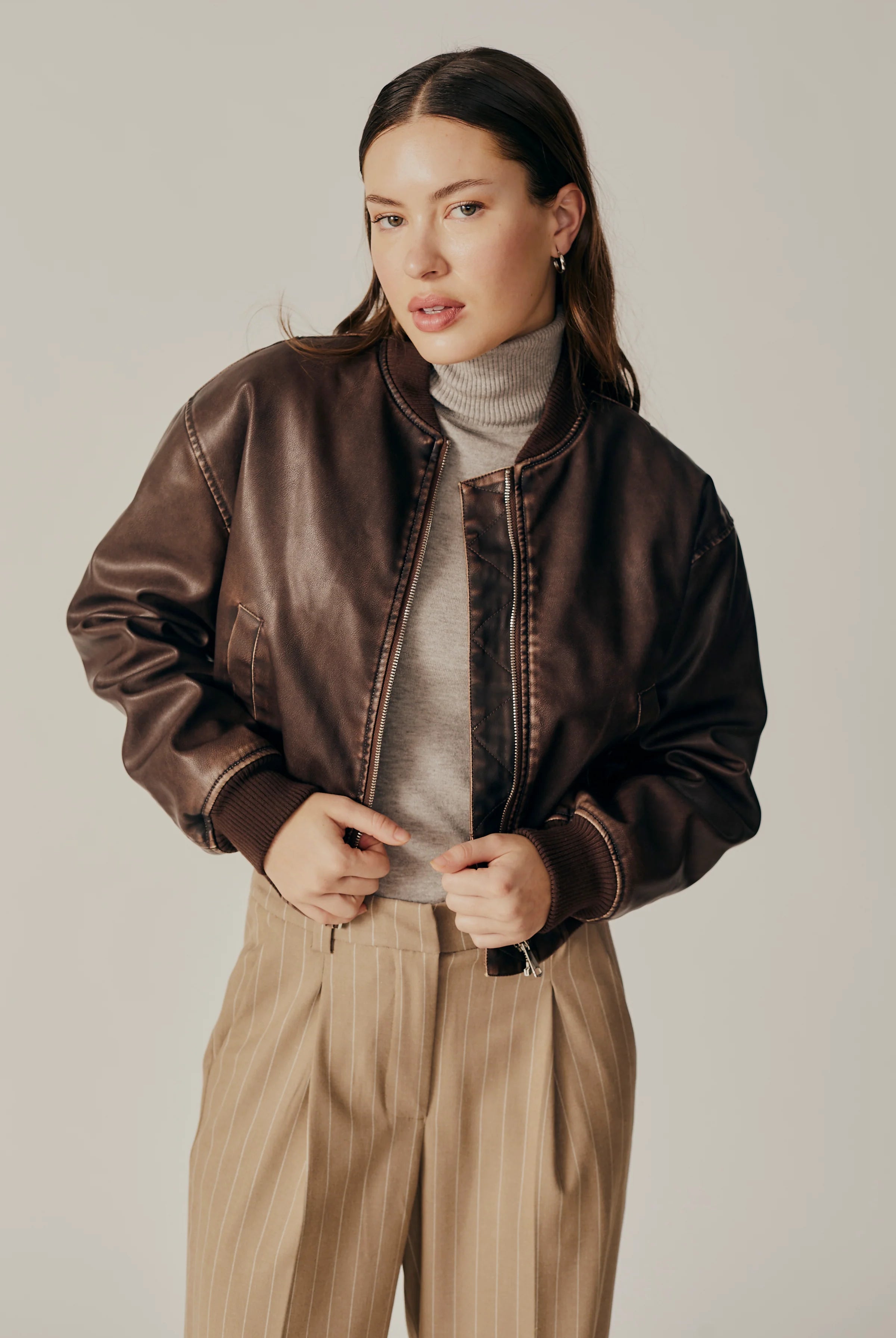 Chocolate Brown Leather Bomber Jacket Cropped Deluc Cerastium