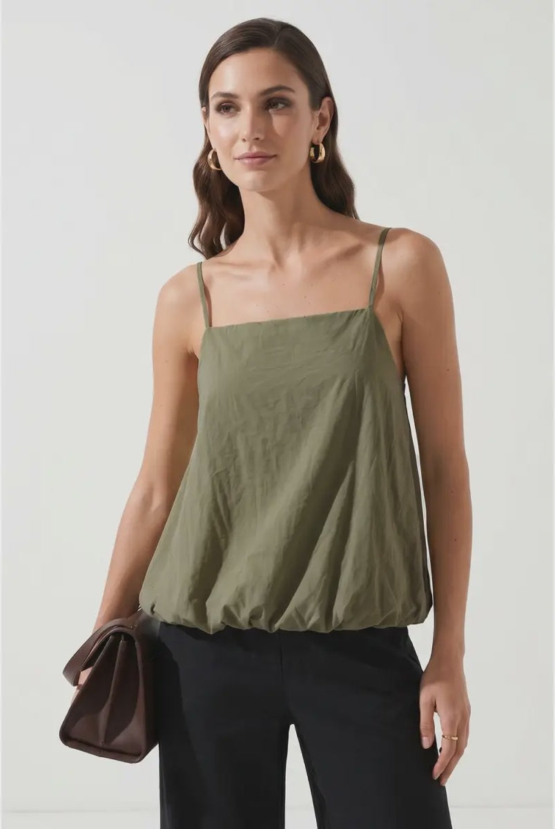 Light olive bubble cami tank featuring a square neckline, adjustable spaghetti straps, a relaxed flowy silhouette, and a gathered bubble hem
