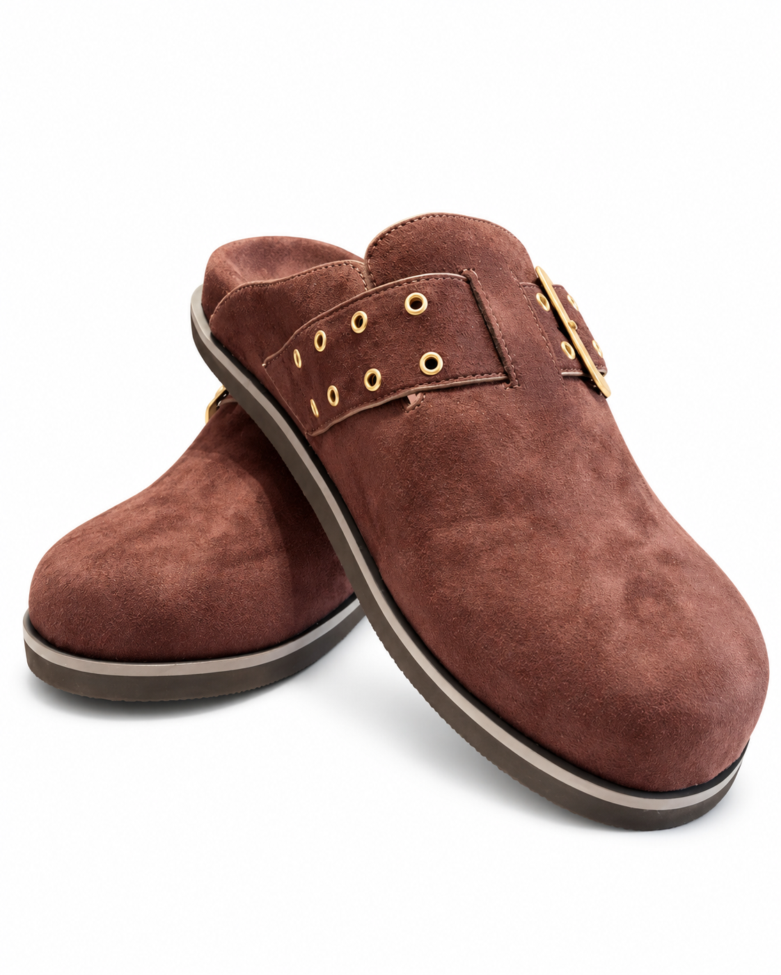 Chinese Laundry Cove Suede Clogs in Chocolate, featuring a rich brown faux-suede upper, gold-tone buckle with a rounded closed toe, open-back slip-on design, and contrasting dark sole.