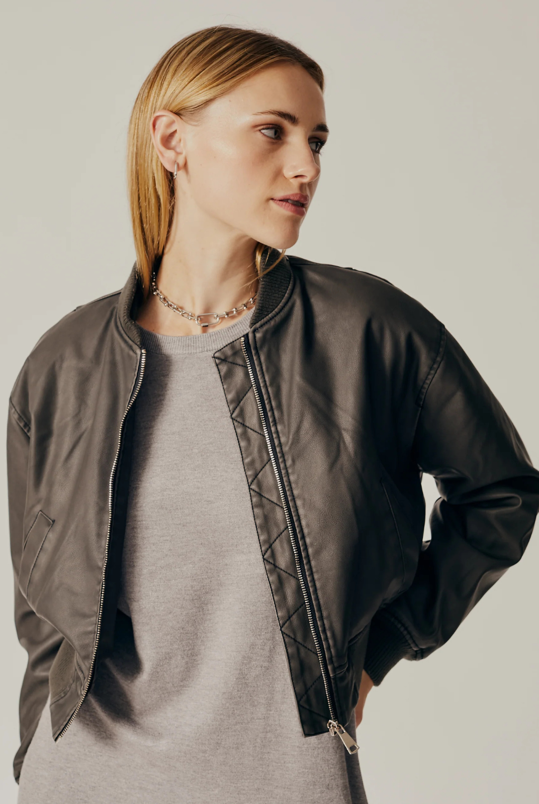 Grey Leather Bomber Jacket Fall/ winter Fashion 2024