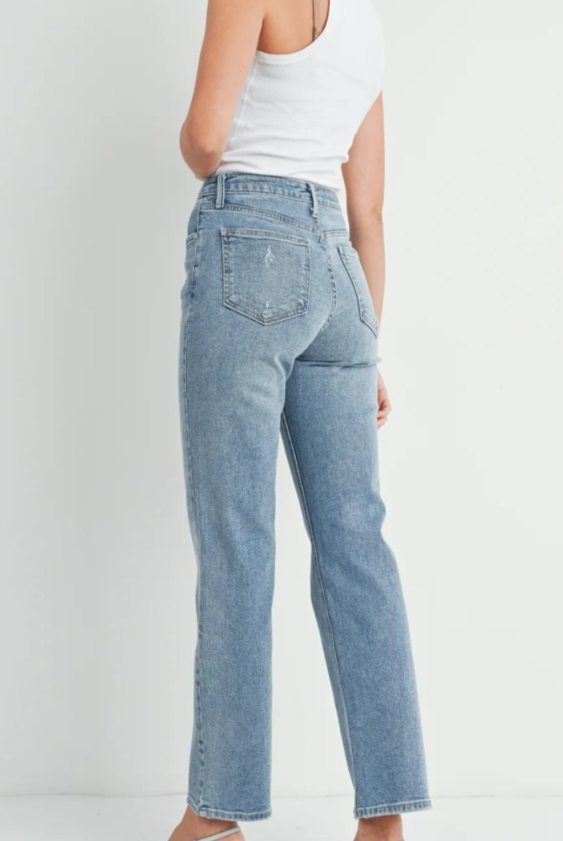 Just Black Denim The Everything Straight Jean.A high-waisted, medium rinse straight jean that’s everything you need for fall. Keep it casual with sneakers or dress it up with heels for an on-trend outfit every time.