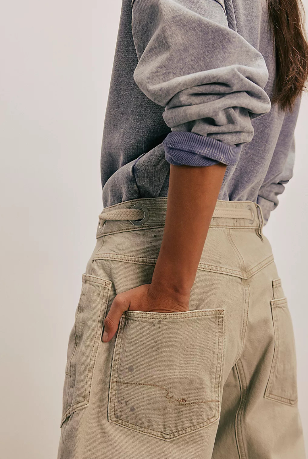 Washed Beige Grey Paint Splatter Jean Bohemian Casual Fashion