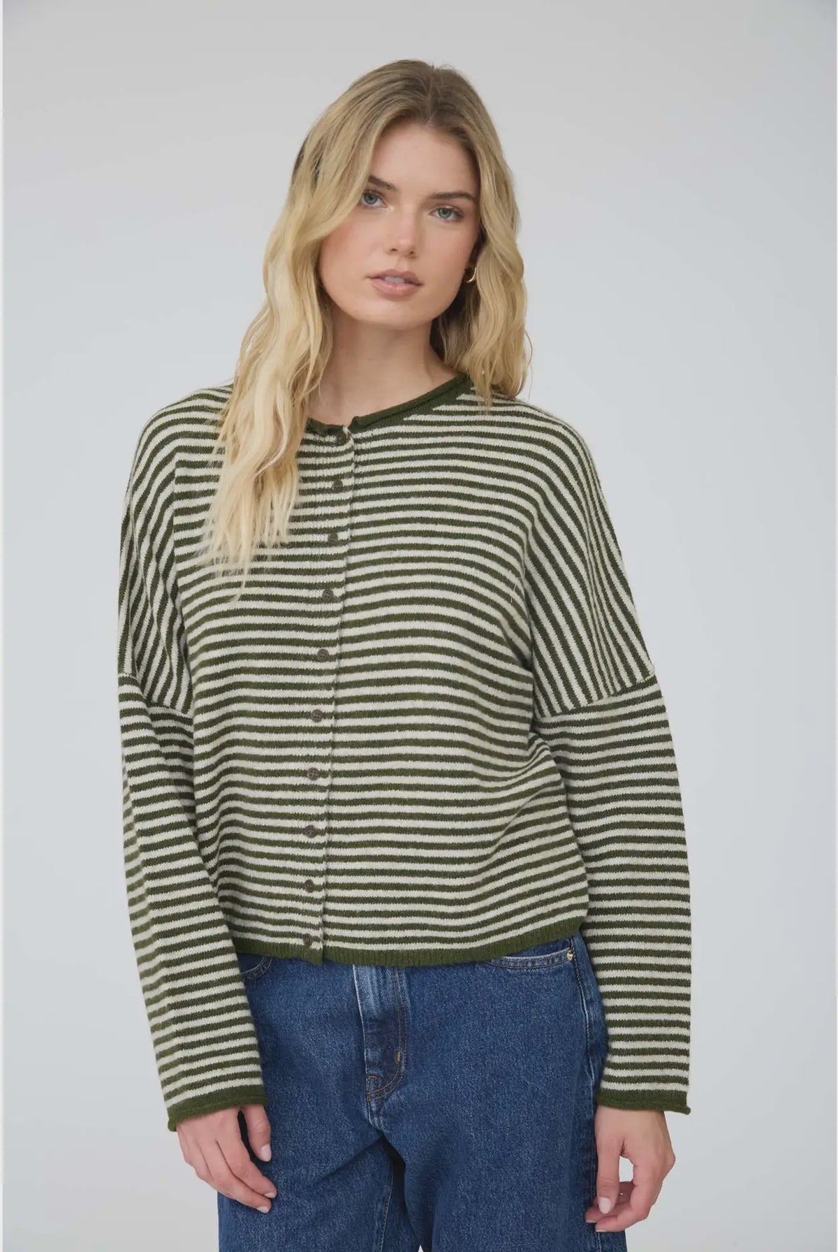 Olive Lottie Striped Knit Cardigan featuring a relaxed, slightly cropped fit, round neckline, long sleeves, button-front closure, and classic horizontal stripe pattern.