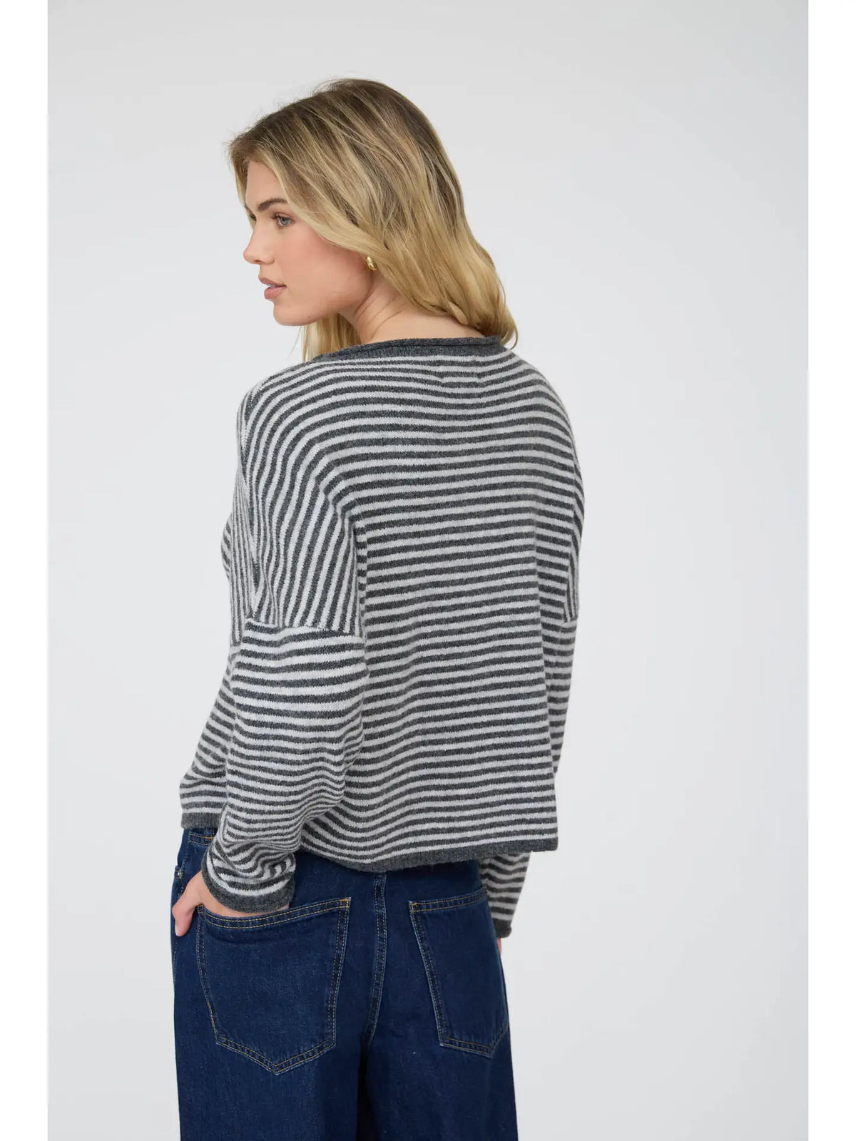 Charcoal Lottie Striped Knit Cardigan featuring a relaxed, slightly cropped fit, round neckline, long sleeves, button-front closure, and classic horizontal stripe pattern.