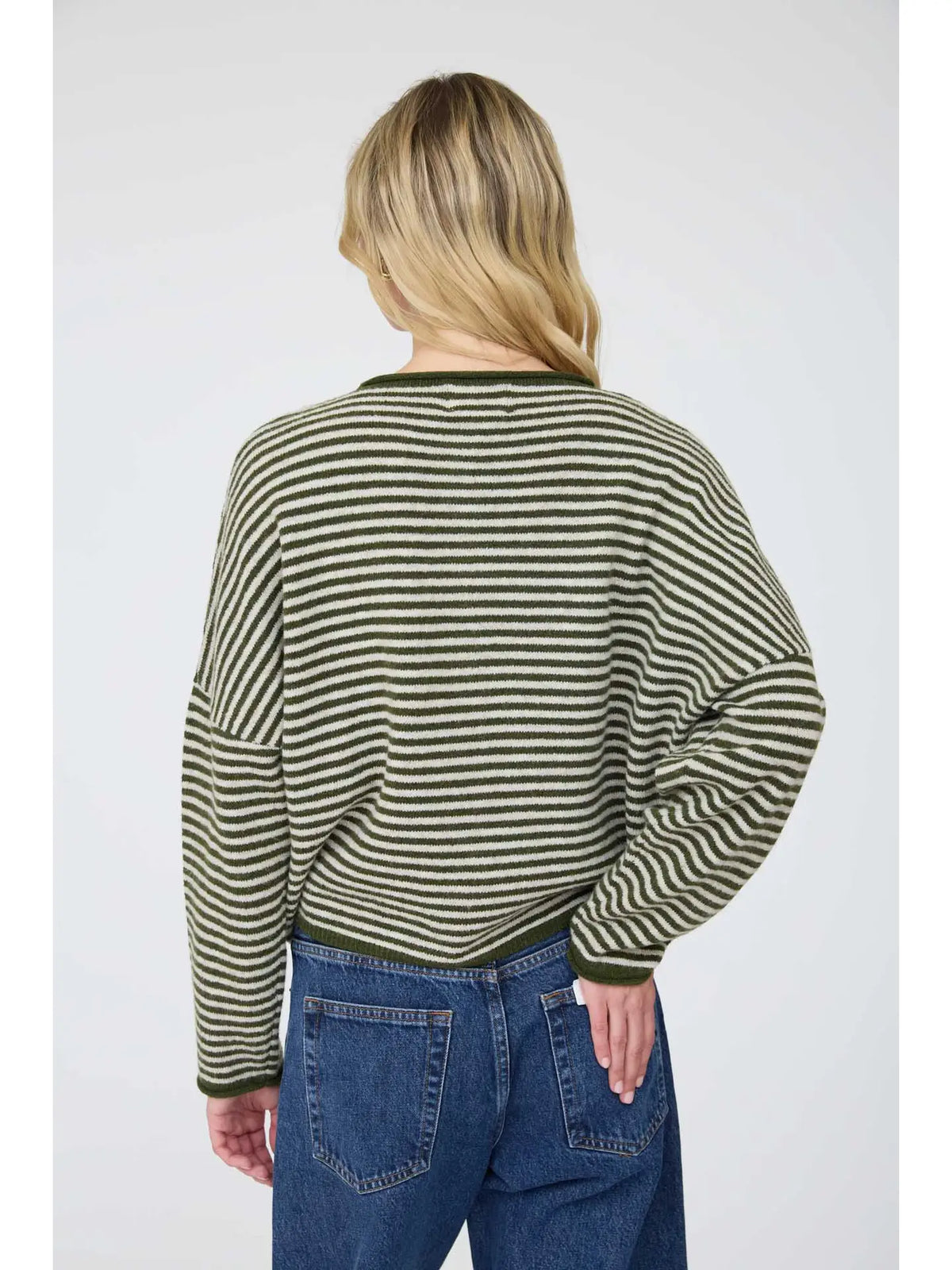 Olive Lottie Striped Knit Cardigan featuring a relaxed, slightly cropped fit, round neckline, long sleeves, button-front closure, and classic horizontal stripe pattern.