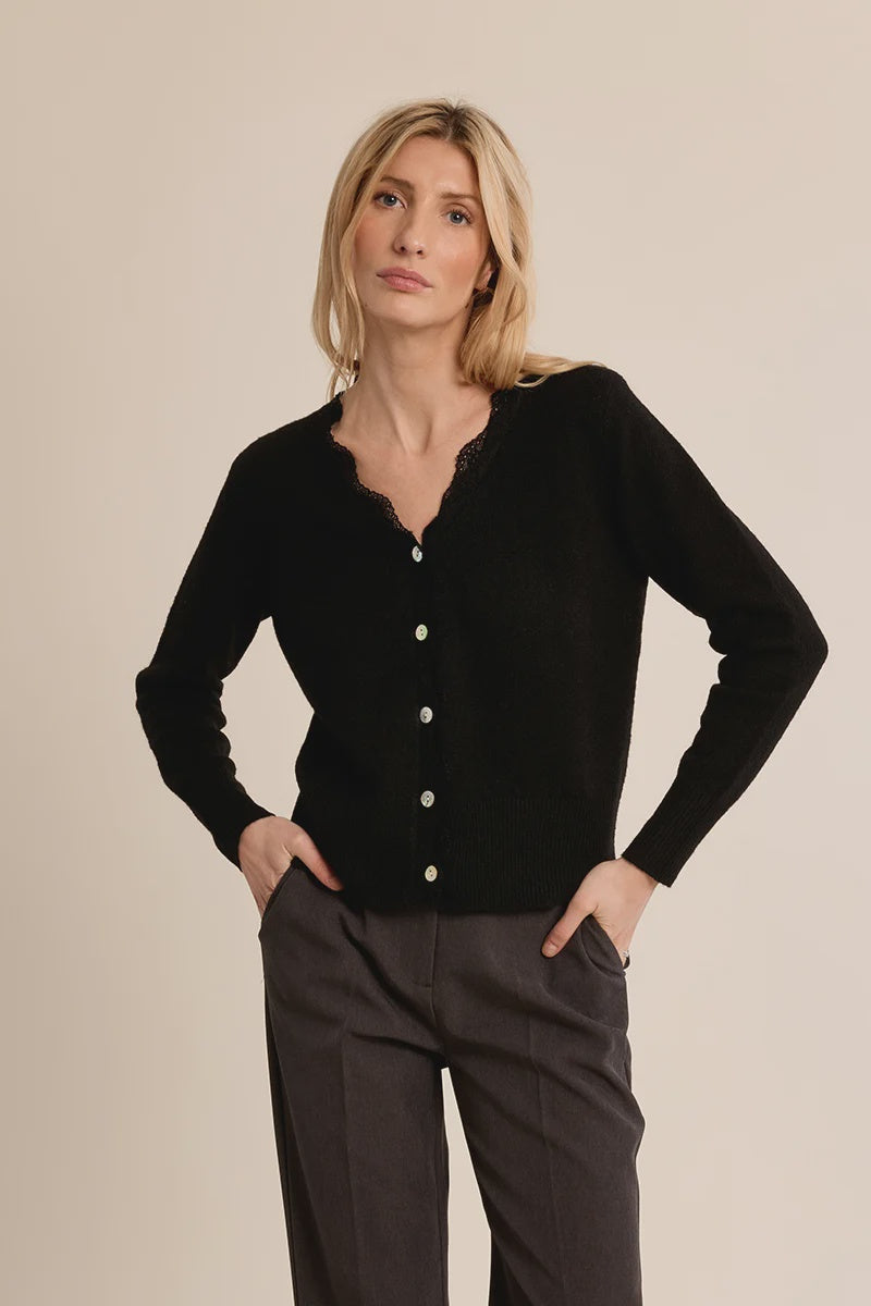 Short knit cardigan featuring long sleeves, a delicate lace-trimmed V-neckline, and classic full-length button-front closure.
