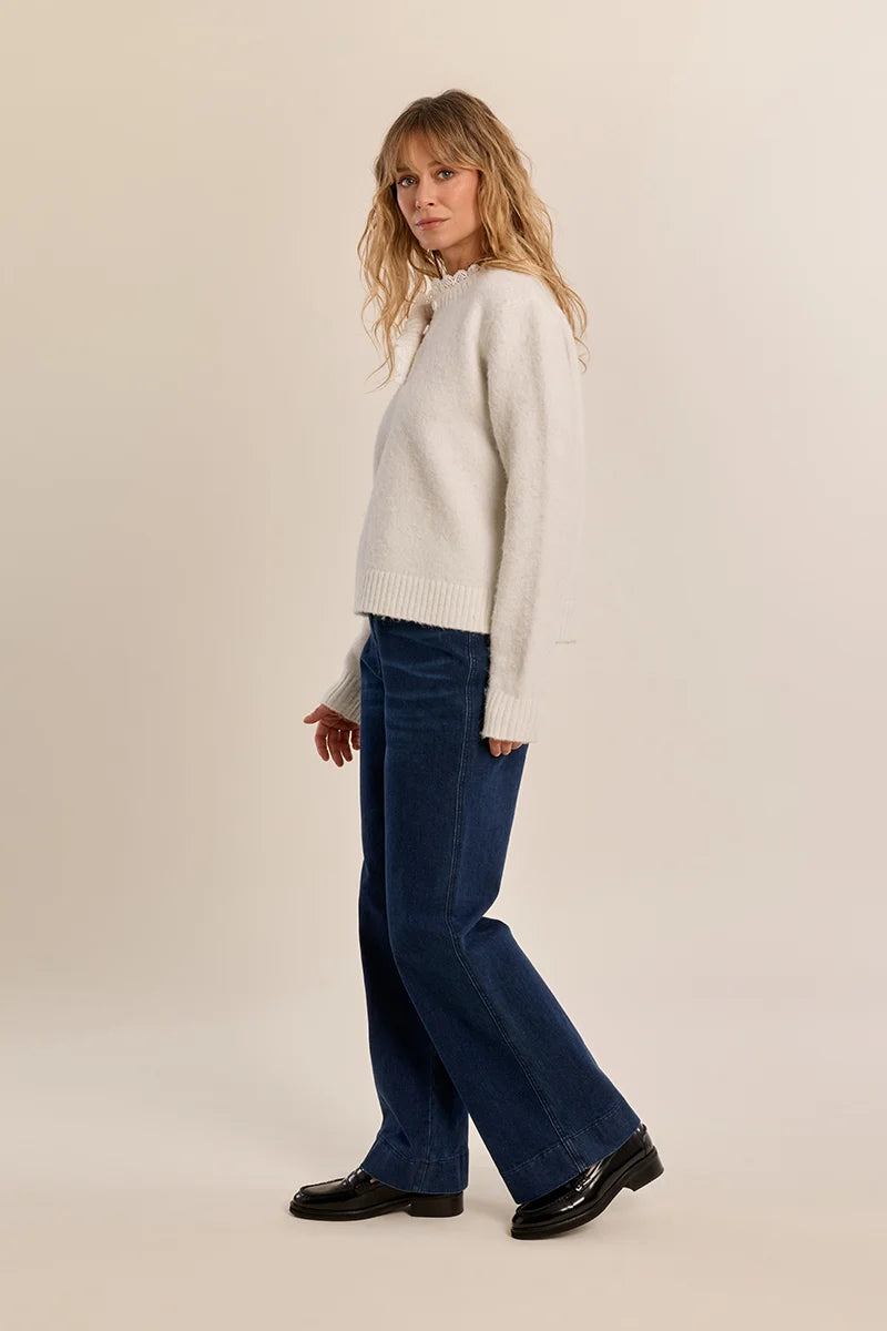 Knitted long-sleeve sweater featuring a delicate lace round collar, straight fit, and button-front closure.