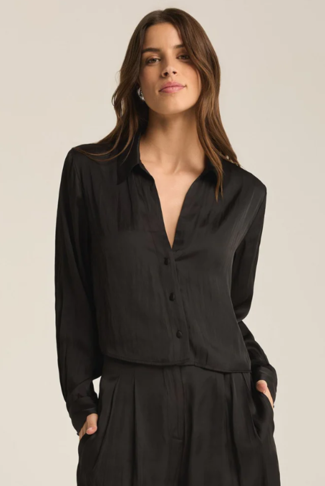 Black silk collared blouse cropped fall 2024