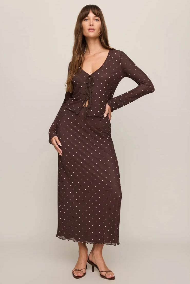 Brown mesh long-sleeve top with white polka dots, featuring a V-neckline, delicate front ties, and a slightly sheer fitted design.