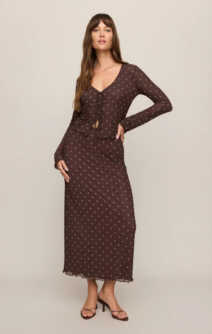 Brown mesh long-sleeve top with white polka dots, featuring a V-neckline, delicate front ties, and a slightly sheer fitted design.