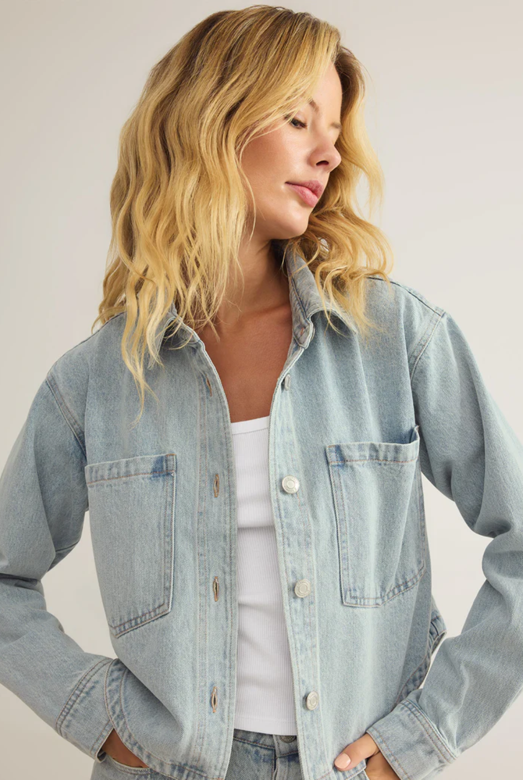 Light Denim Cropped coat curved trim spring outfit ideas