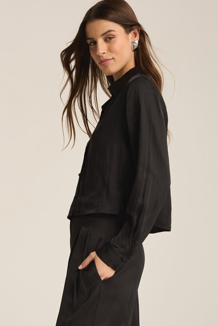 Silky blouse black collared top Hamilton Burlington Women's Fashion Boutique