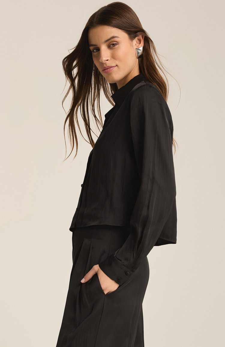 Silky blouse black collared top Hamilton Burlington Women's Fashion Boutique