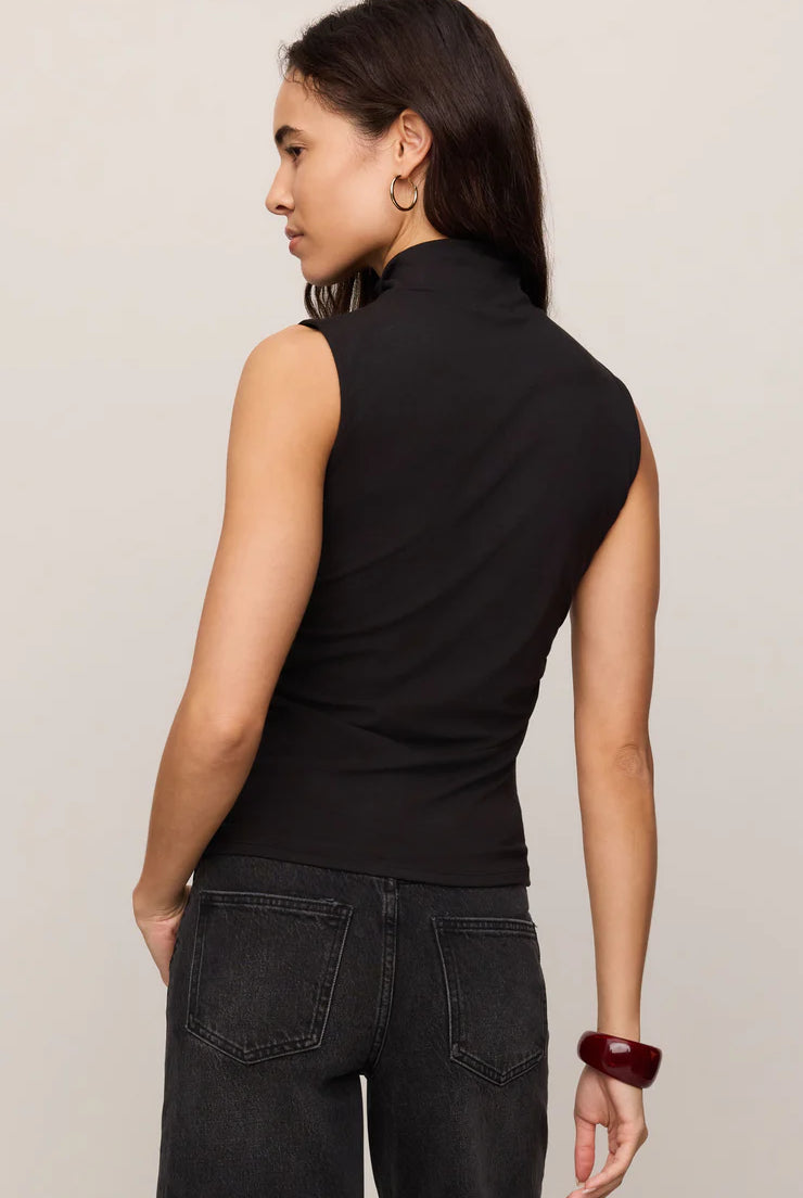 Close-fitting high-neck tank top in soft, stretchy baby rib fabric with subtle side ruching for a flattering, sculpted silhouette. A sleek, fitted essential that's perfect for layering or wearing on its own.