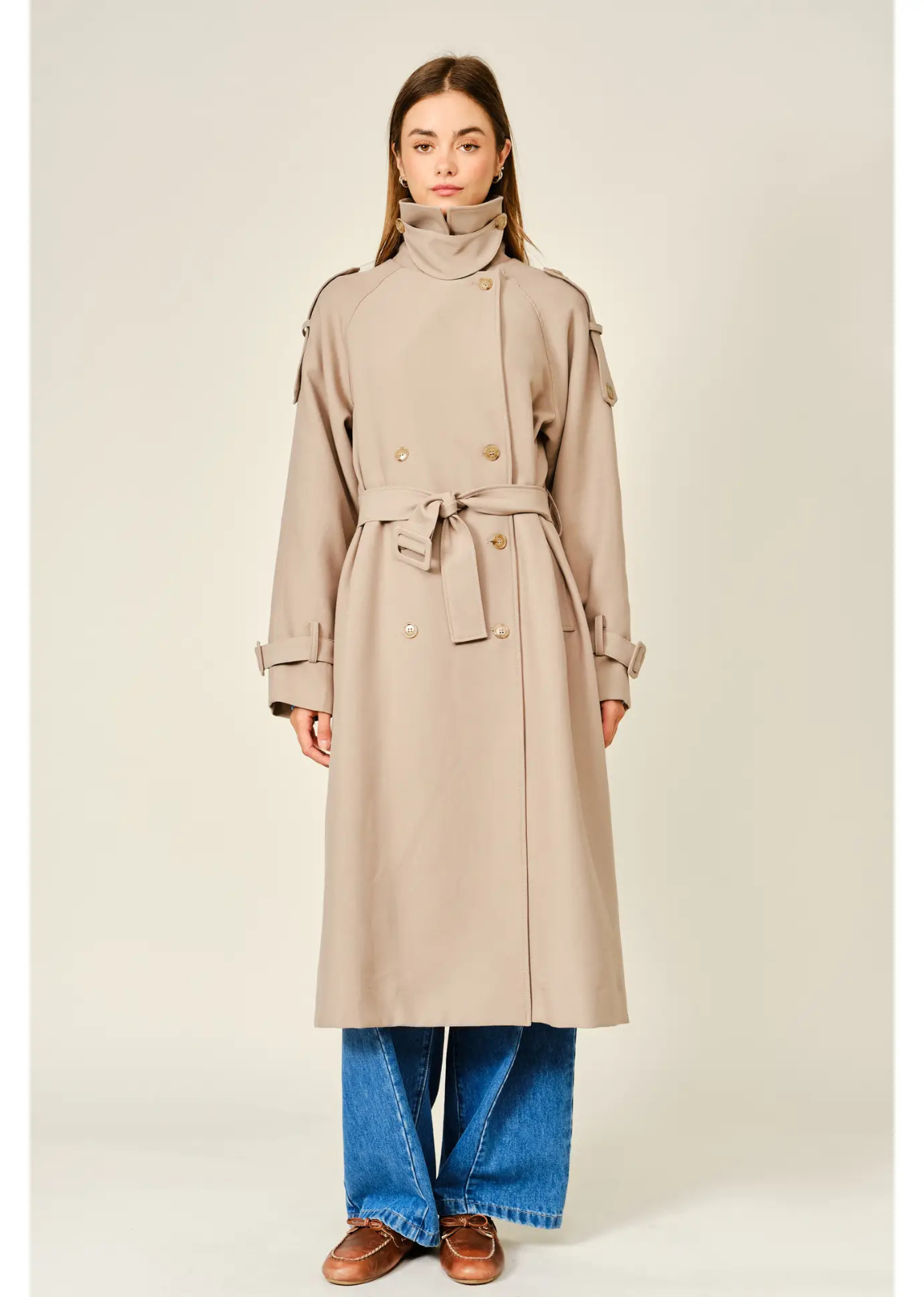 Monroe relaxed longline trench coat in soft, textured fabric, featuring a layered neckline, double-button front closure, and adjustable waist belt for a polished, sophisticated look.