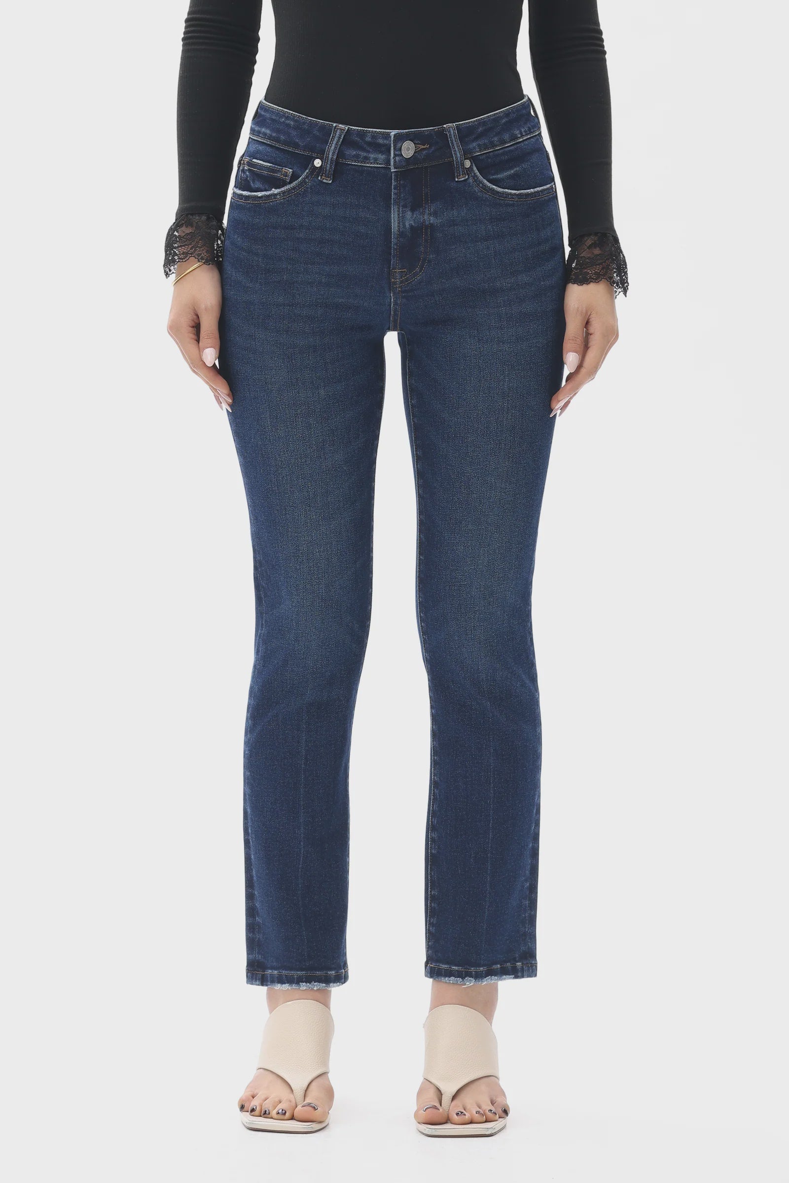 Hong Kong jeans featuring a comfortable mid-to-high-rise fit and stretchy denim, designed for versatile everyday wear that can be dressed up or down.