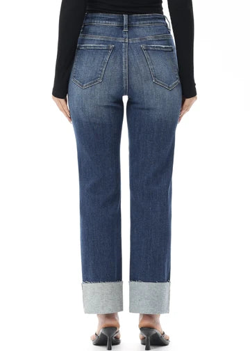 High-rise straight-leg jeans featuring a stitched cuff, sleek silhouette, and comfortable stretch denim for an effortlessly polished everyday look.