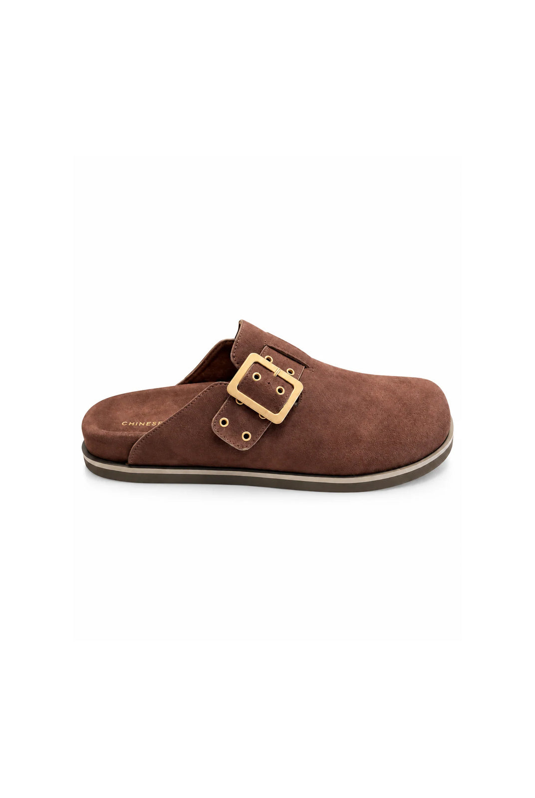 Chinese Laundry Cove Suede Clogs in Chocolate, featuring a rich brown faux-suede upper, gold-tone buckle with a rounded closed toe, open-back slip-on design, and contrasting dark sole.