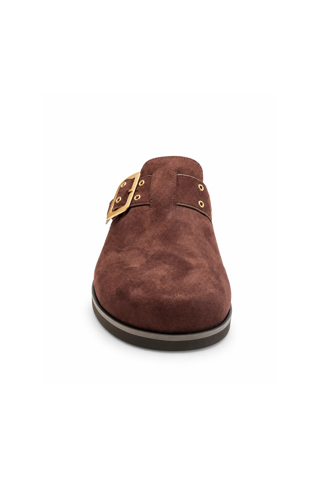 Chinese Laundry Cove Suede Clogs in Chocolate, featuring a rich brown faux-suede upper, gold-tone buckle with a rounded closed toe, open-back slip-on design, and contrasting dark sole.