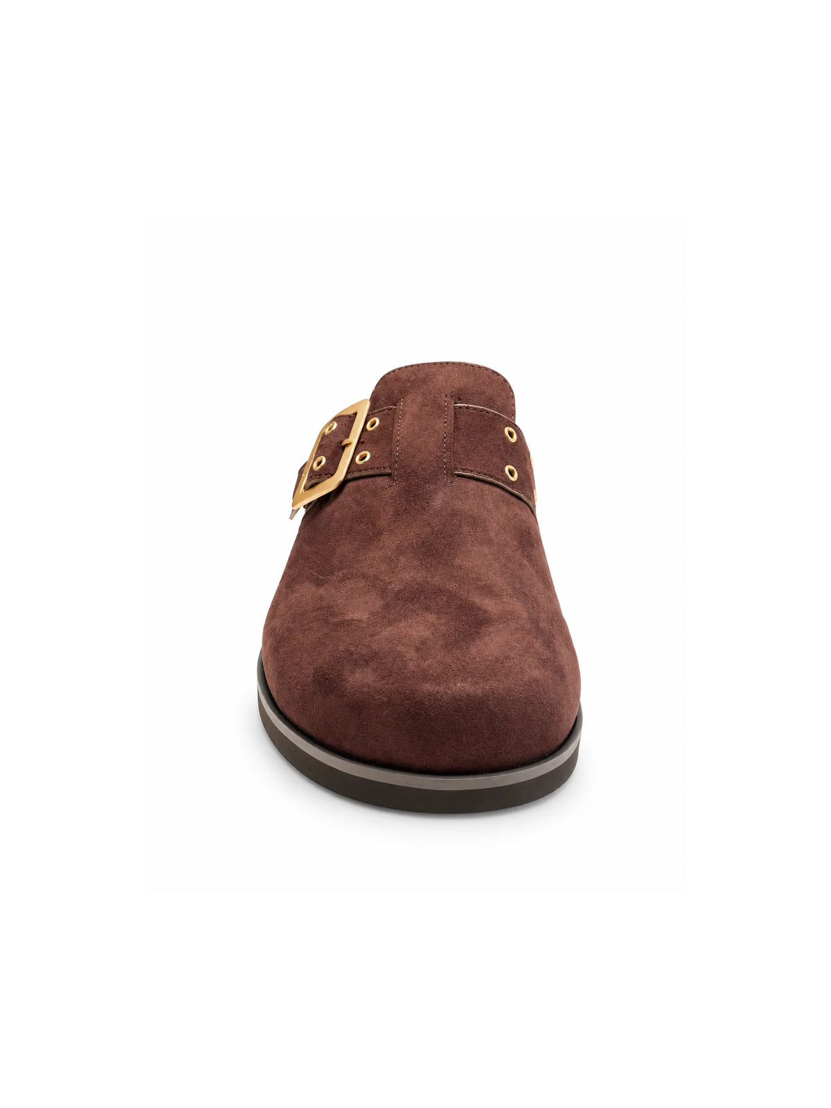 Chinese Laundry Cove Suede Clogs in Chocolate, featuring a rich brown faux-suede upper, gold-tone buckle with a rounded closed toe, open-back slip-on design, and contrasting dark sole.