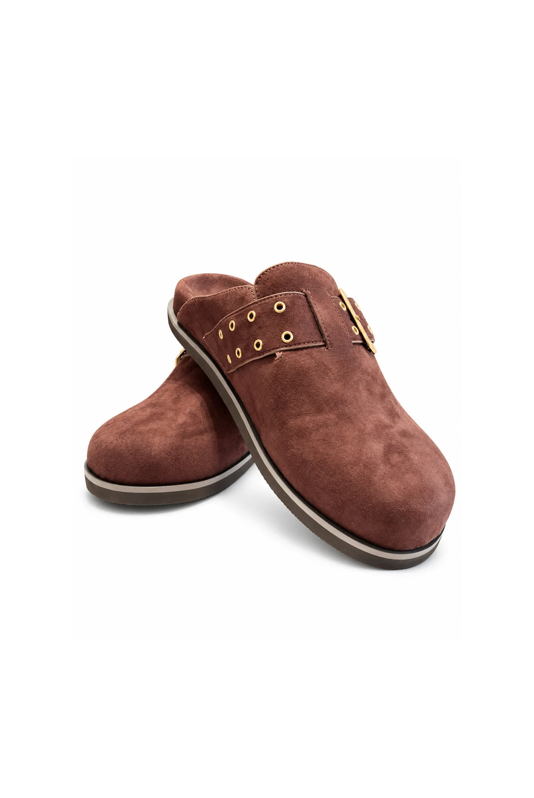 Chinese Laundry Cove Suede Clogs in Chocolate, featuring a rich brown faux-suede upper, gold-tone buckle with a rounded closed toe, open-back slip-on design, and contrasting dark sole.