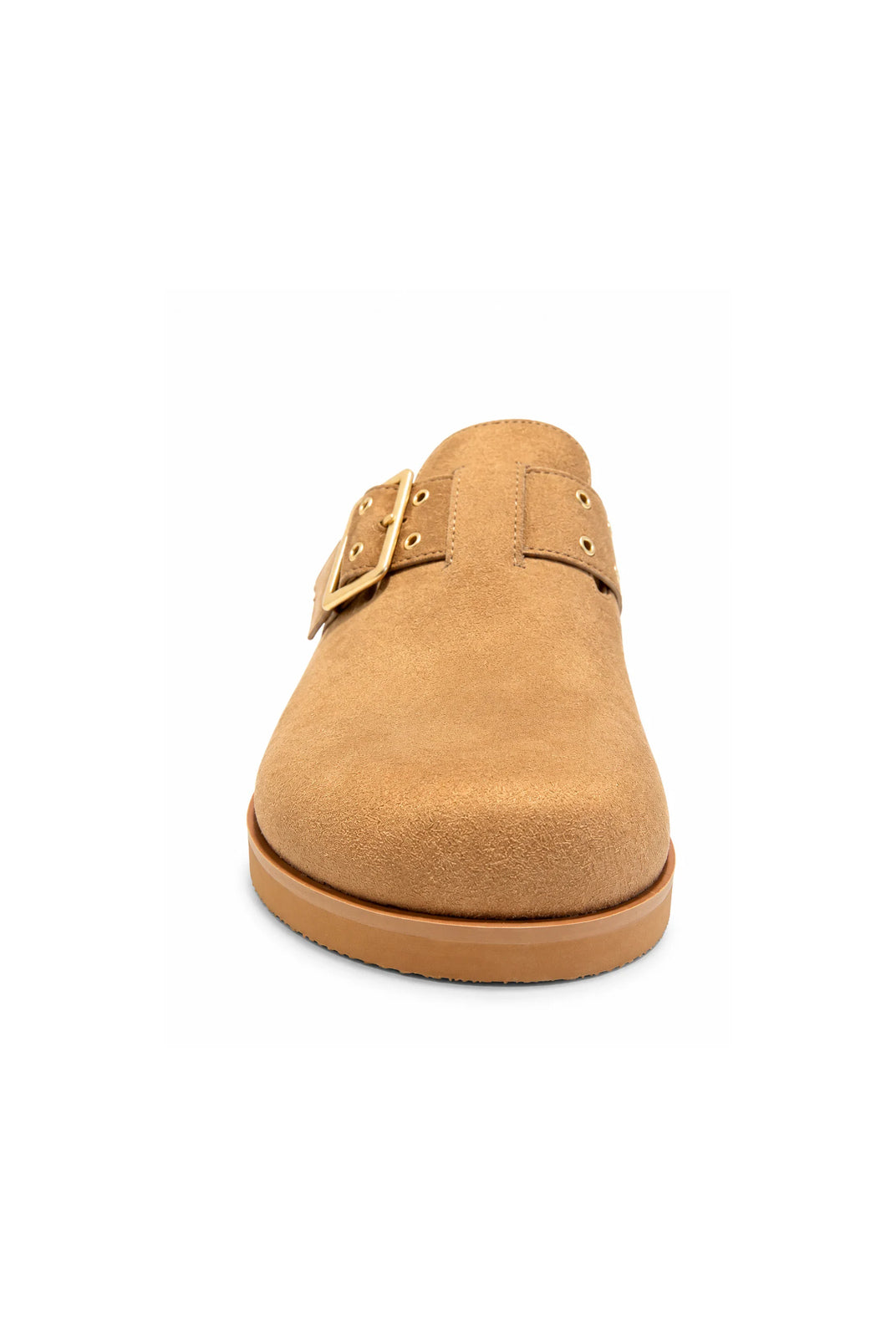 Chinese Laundry Cove suede clogs in natural tan, featuring a rounded closed toe, adjustable strap with gold buckle detailing, and a comfortable slip-on design.