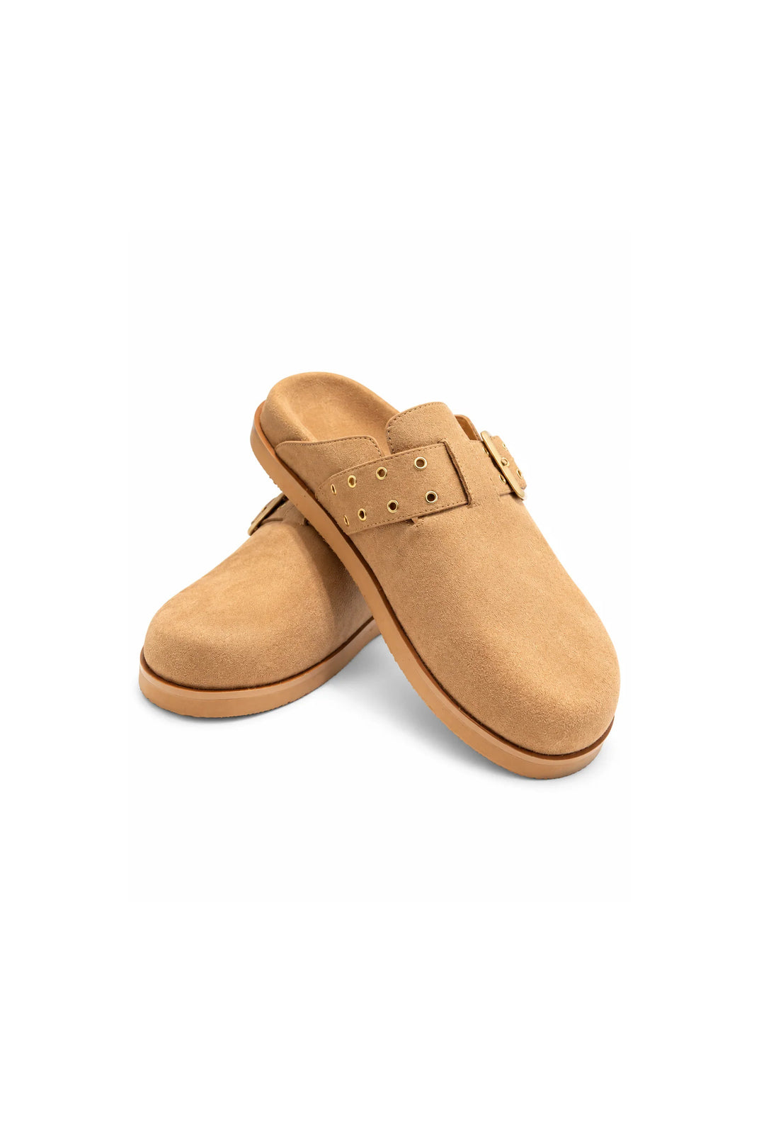 Chinese Laundry Cove suede clogs in natural tan, featuring a rounded closed toe, adjustable strap with gold buckle detailing, and a comfortable slip-on design.