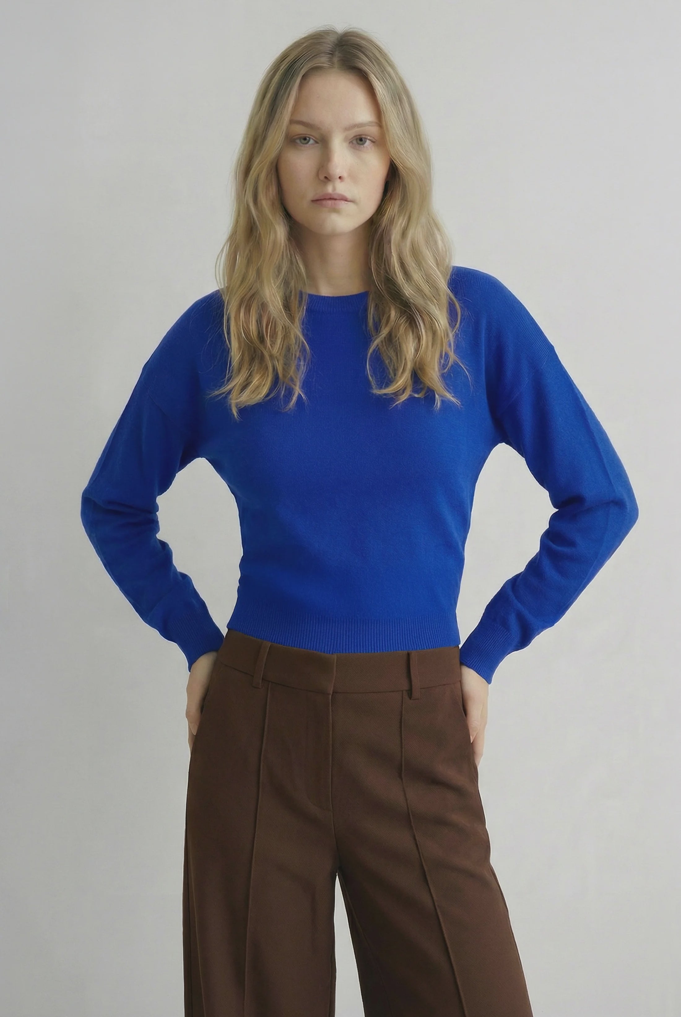 Deep blue knit sweater with a classic crew neckline and a timeless, versatile silhouette. A soft, comfortable layering essential perfect for everyday wear.