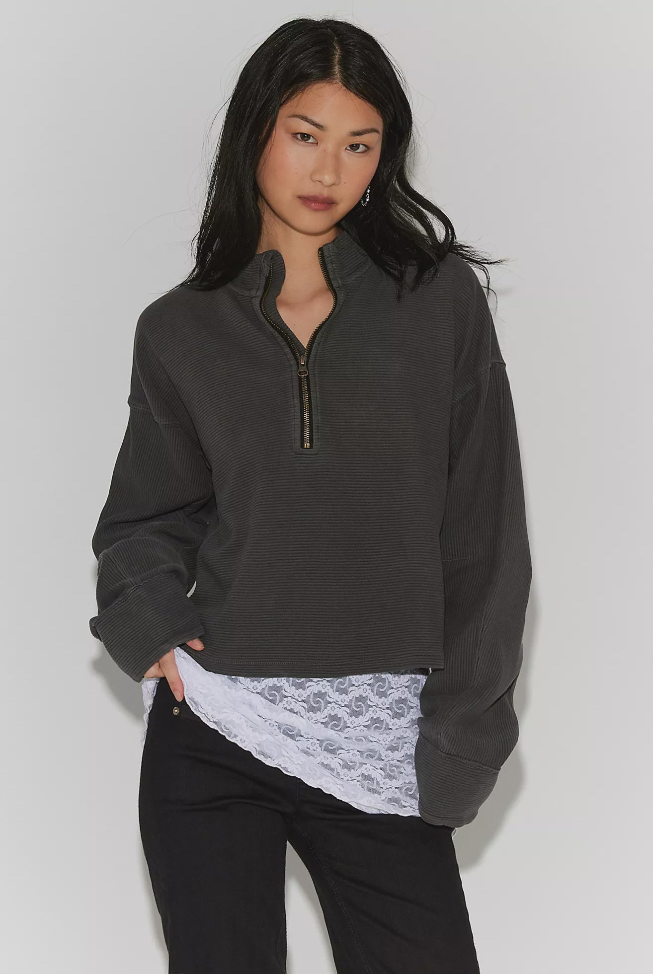 washed black quarter zip sweater. mid length / oversized