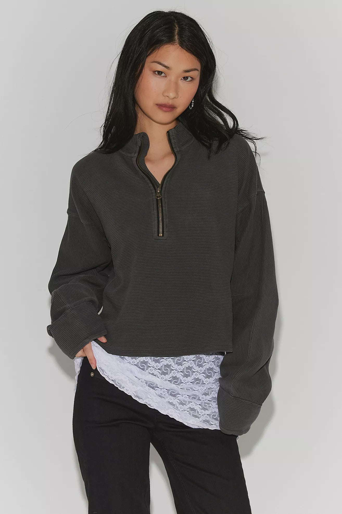 washed black quarter zip sweater. mid length / oversized