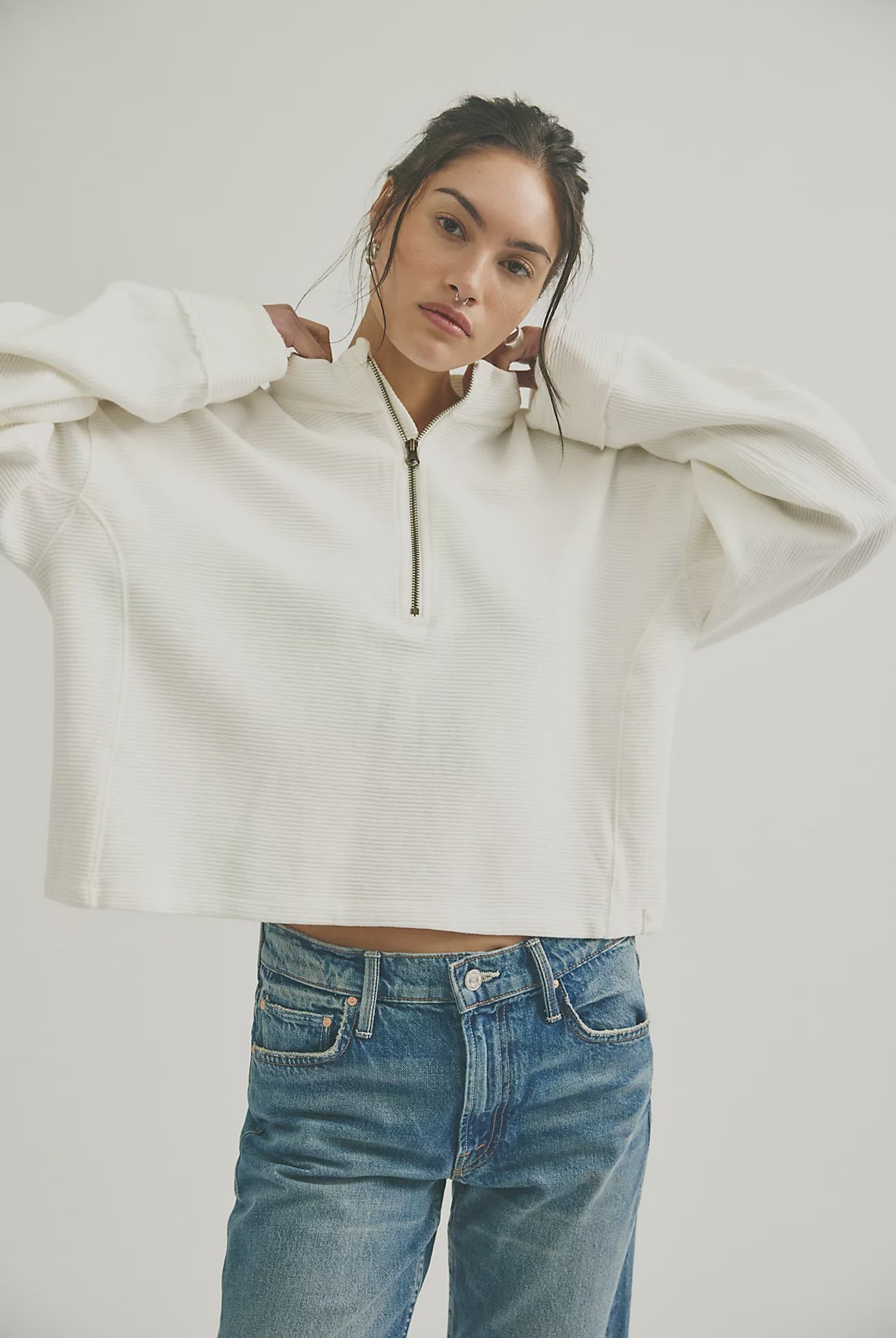 cotton ripped quarter zip sweater in clean ivory. mid length / oversized