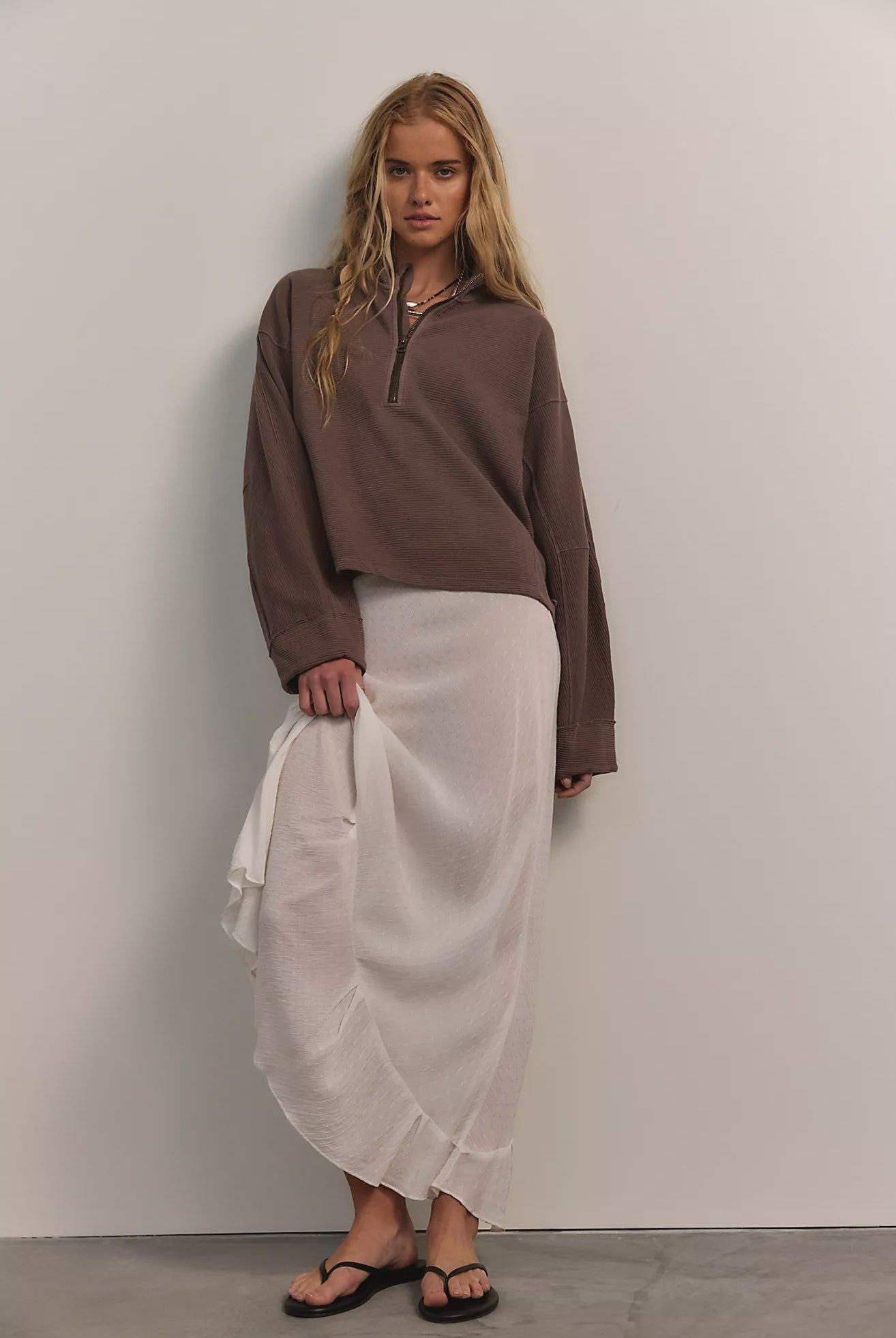 mocha coloured quarter zip sweater. mid length / oversized