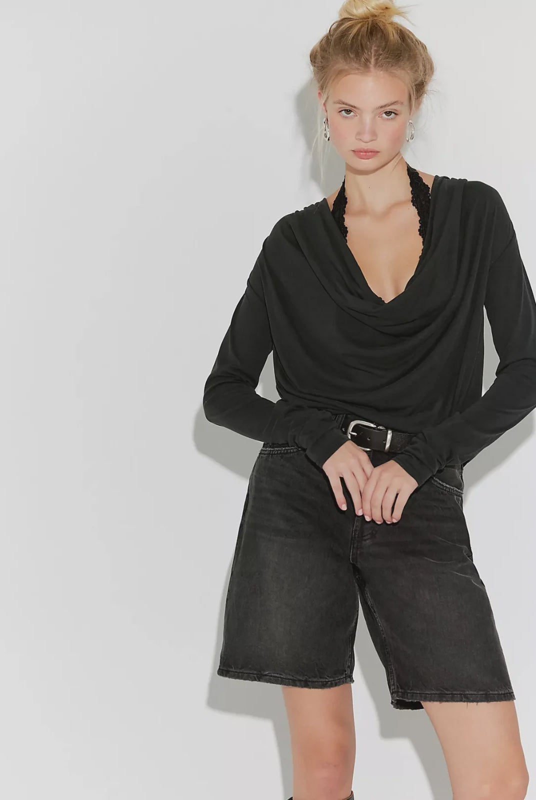 Jane Long Sleeve top featuring a soft, draped cowl neckline that can be styled off the shoulder, long fitted sleeves, and a flattering, body-skimming silhouette with an effortlessly feminine look.