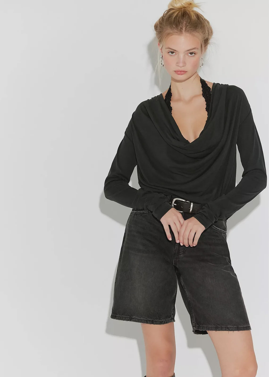 Jane Long Sleeve top featuring a soft, draped cowl neckline that can be styled off the shoulder, long fitted sleeves, and a flattering, body-skimming silhouette with an effortlessly feminine look.