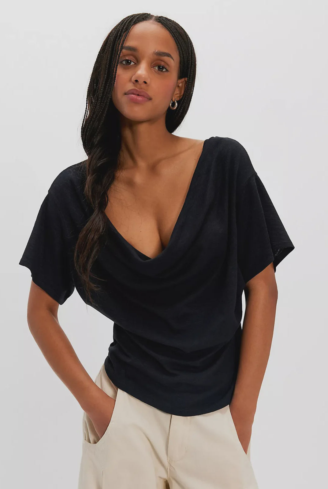 black cowl neck top. mid - full length and loose fitted short sleeves
