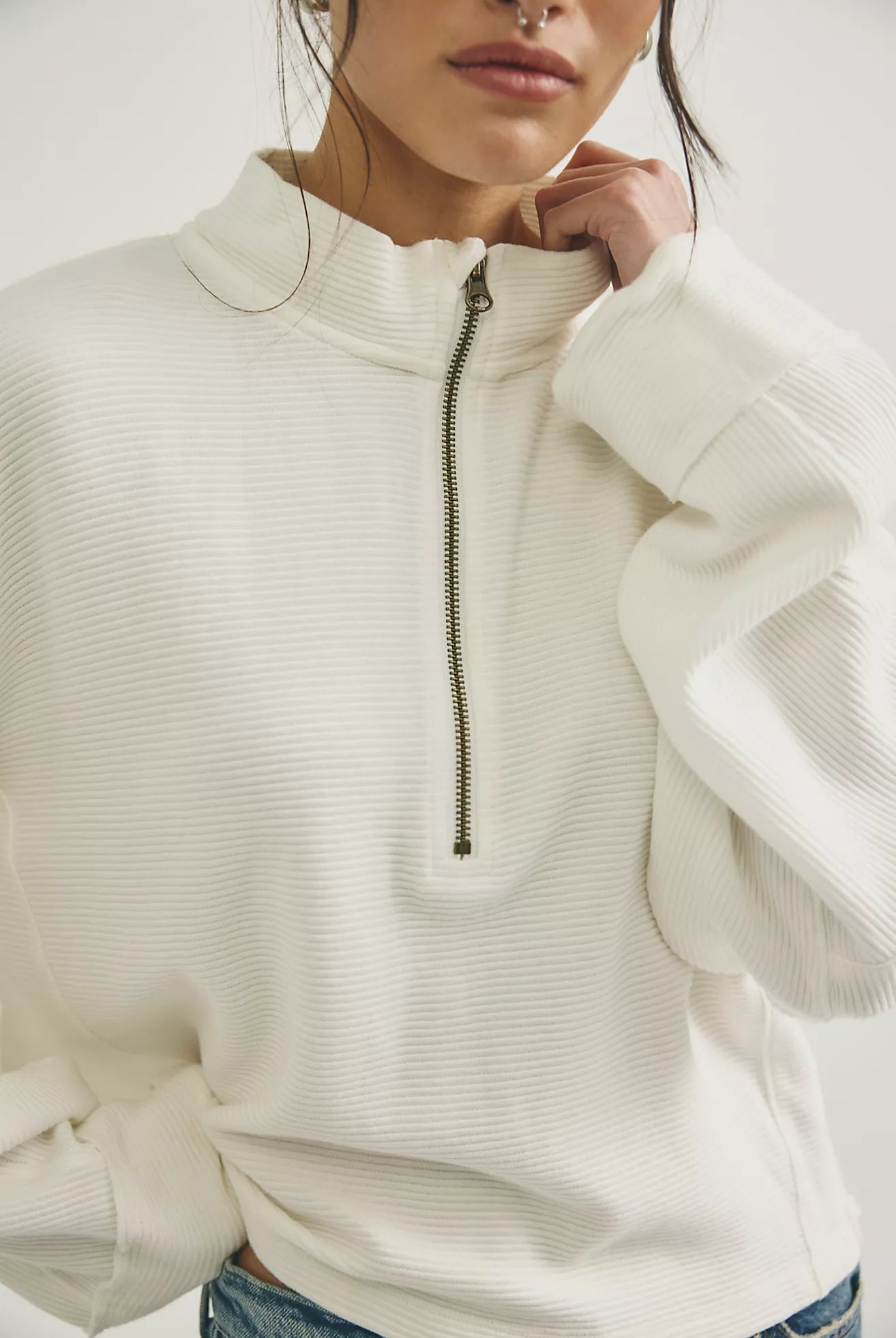 cotton ripped quarter zip sweater in clean ivory. mid length / oversized