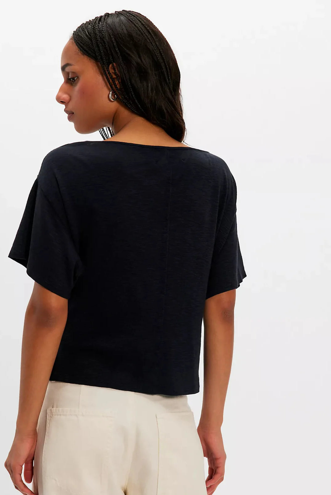 black cowl neck top. mid - full length and loose fitted short sleeves