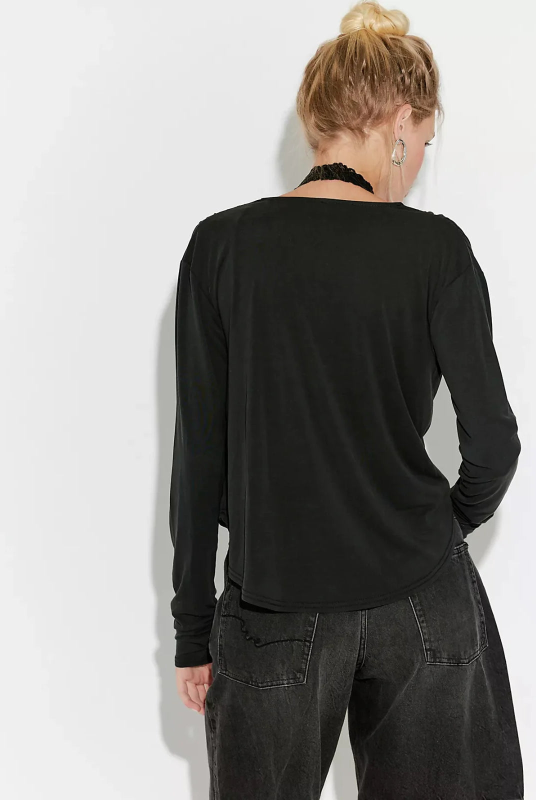 Jane Long Sleeve top featuring a soft, draped cowl neckline that can be styled off the shoulder, long fitted sleeves, and a flattering, body-skimming silhouette with an effortlessly feminine look.
