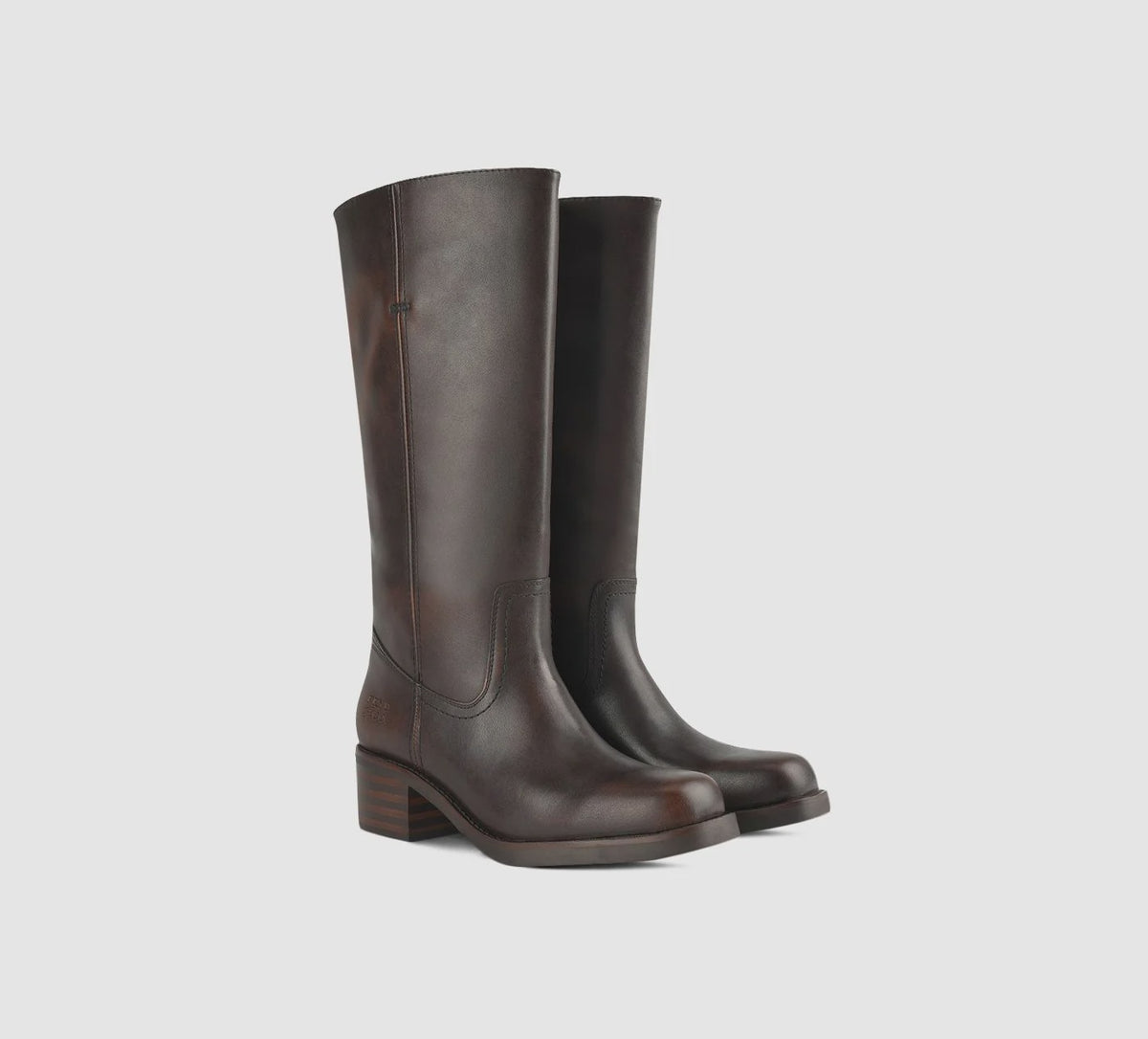 Brown Miranda 14 tall Western-inspired boots featuring a sleek vegan leather finish, square toe, 2-inch stacked block heel, and pull-on design with internal pull loops for easy wear.