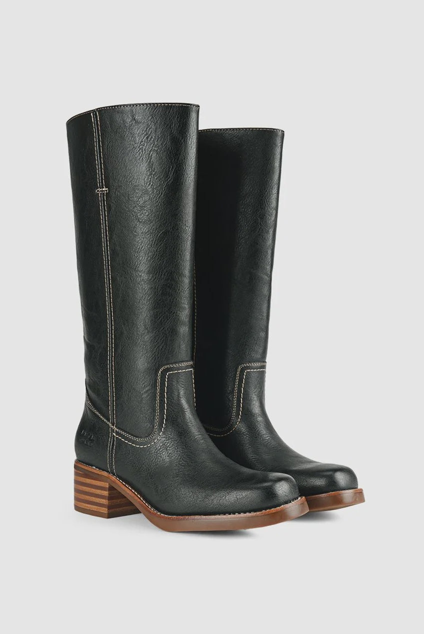 Black Miranda 14 tall Western-inspired boots featuring a sleek vegan leather finish, square toe, 2-inch stacked block heel, and pull-on design with internal pull loops for easy wear.