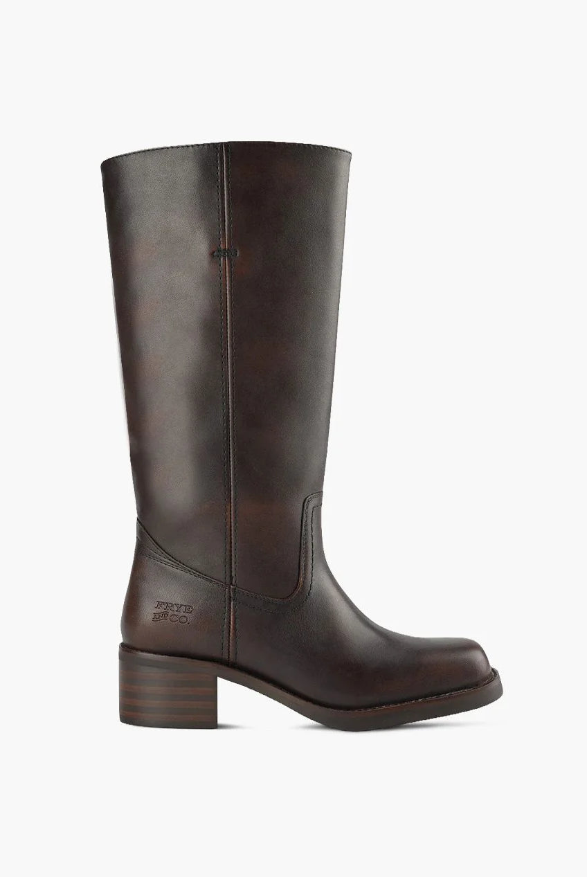Brown Miranda 14 tall Western-inspired boots featuring a sleek vegan leather finish, square toe, 2-inch stacked block heel, and pull-on design with internal pull loops for easy wear.