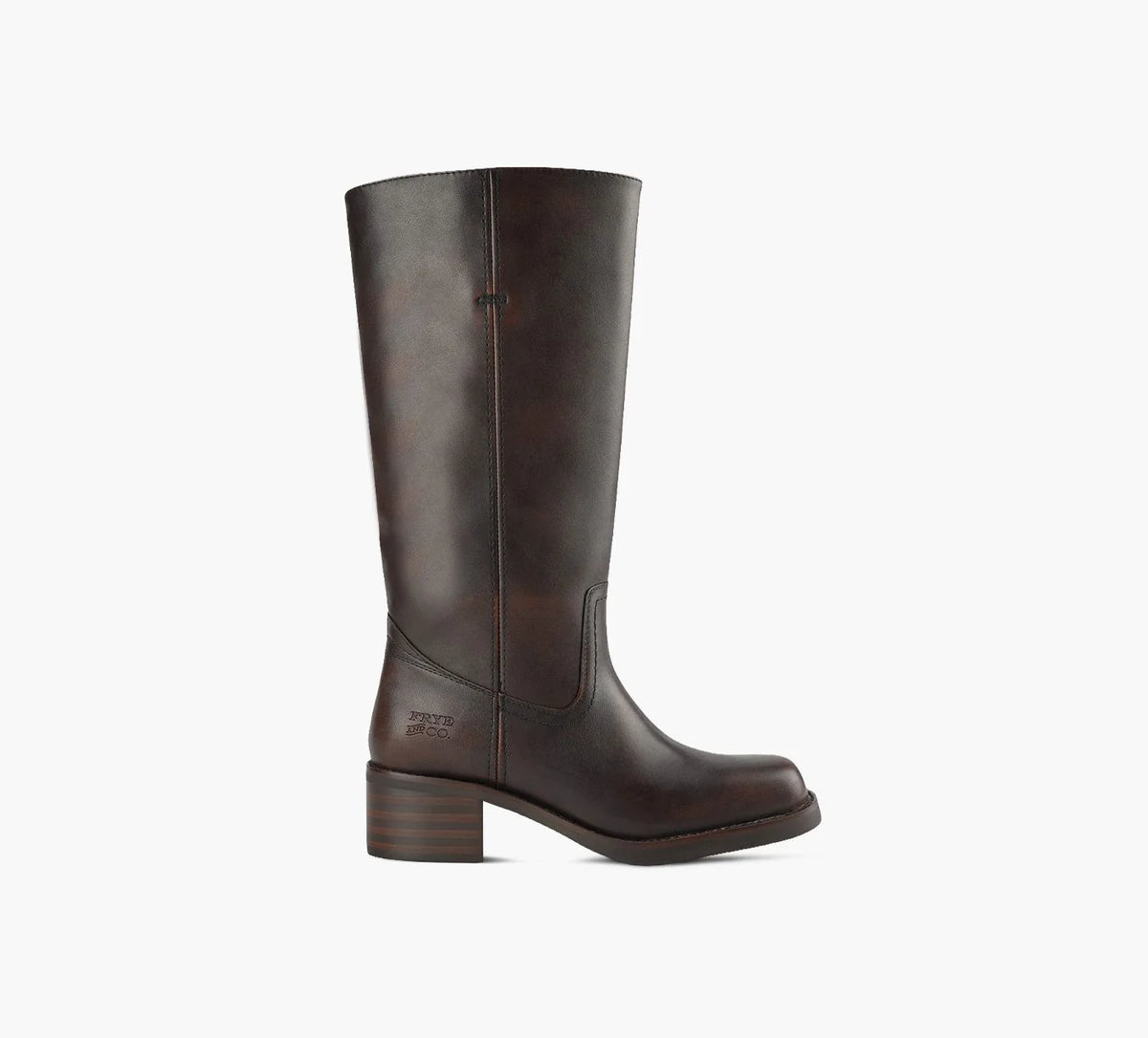 Brown Miranda 14 tall Western-inspired boots featuring a sleek vegan leather finish, square toe, 2-inch stacked block heel, and pull-on design with internal pull loops for easy wear.