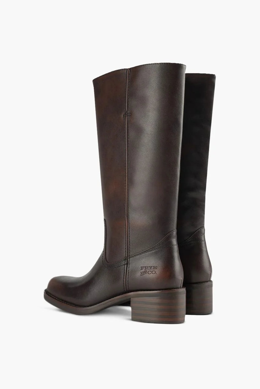 Brown Miranda 14 tall Western-inspired boots featuring a sleek vegan leather finish, square toe, 2-inch stacked block heel, and pull-on design with internal pull loops for easy wear.