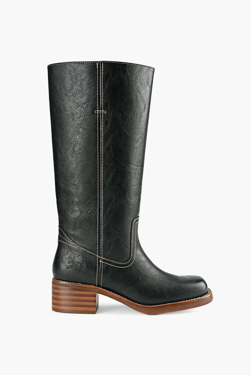 Black Miranda 14 tall Western-inspired boots featuring a sleek vegan leather finish, square toe, 2-inch stacked block heel, and pull-on design with internal pull loops for easy wear.
