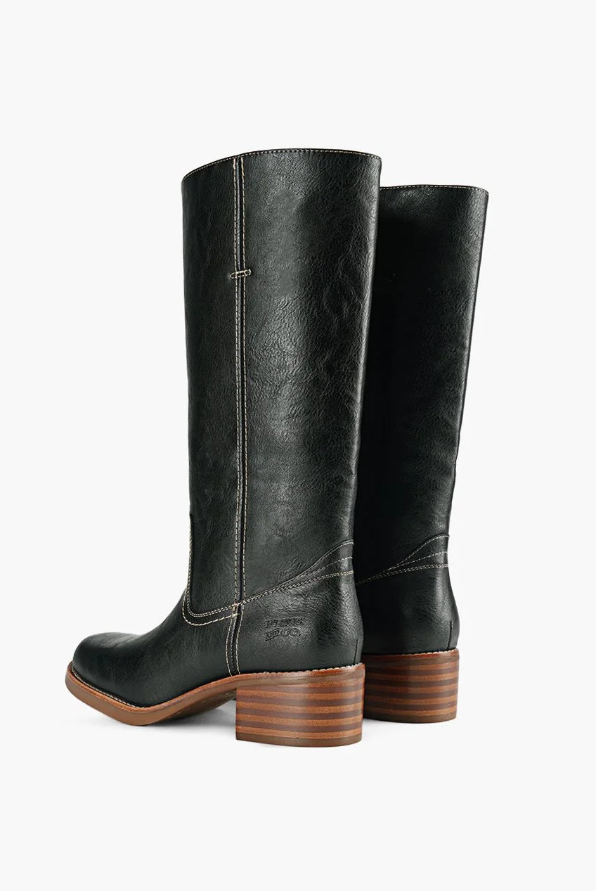 Black Miranda 14 tall Western-inspired boots featuring a sleek vegan leather finish, square toe, 2-inch stacked block heel, and pull-on design with internal pull loops for easy wear.