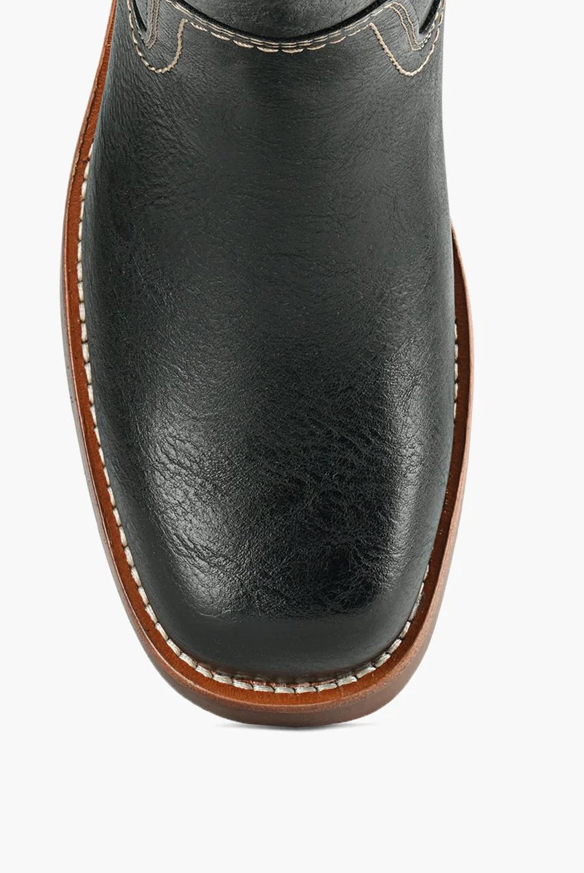 Black Miranda 14 tall Western-inspired boots featuring a sleek vegan leather finish, square toe, 2-inch stacked block heel, and pull-on design with internal pull loops for easy wear.