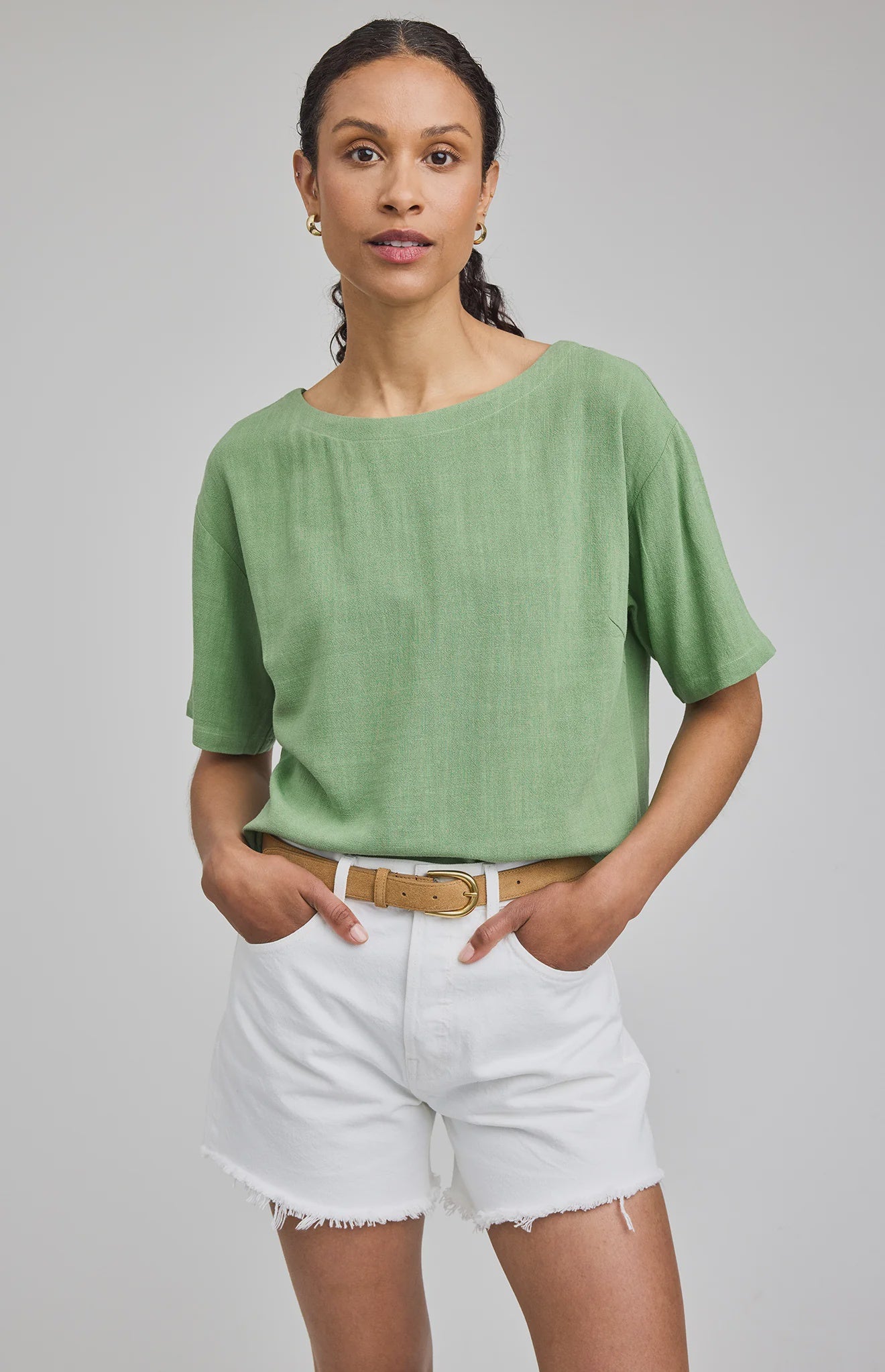 Jade Green Gemini top in a lightweight rayon-linen blend featuring a boat neckline, side slits, and a relaxed, easy-to-style silhouette.