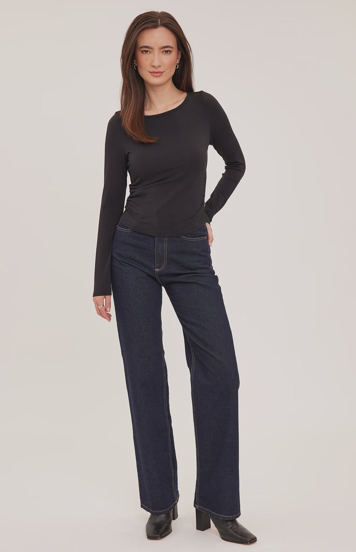 Reese top in a soft cotton-modal blend with a flattering boat neckline, fitted contour silhouette, and ruched side seam detailing for a softly gathered finish.