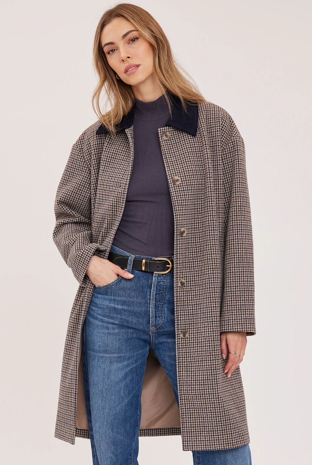 Millie relaxed-fit coat in brushed herringbone fabric, featuring a contrast corduroy collar, welt pockets, a back vent, and a fully lined interior.