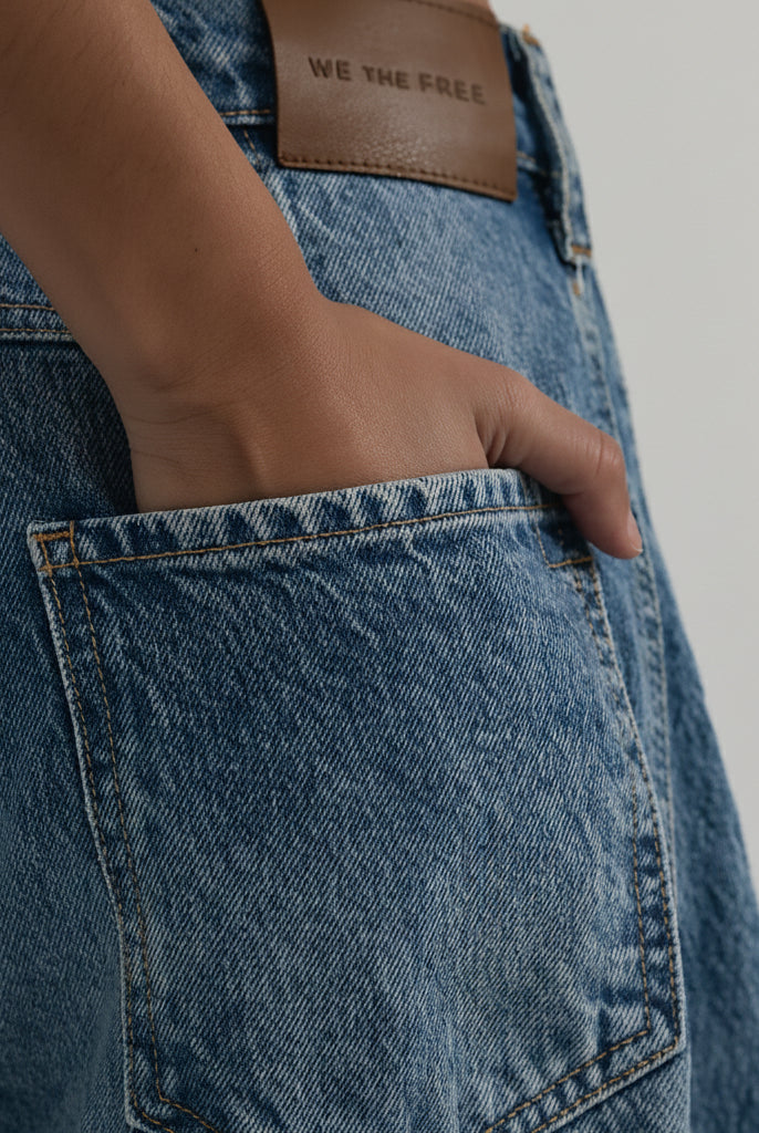 Close-up of blue jeans with a free people brand label